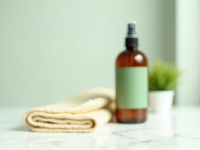 Close-up of eco-friendly, biodegradable cleaning spray and plant-based microfiber cloth